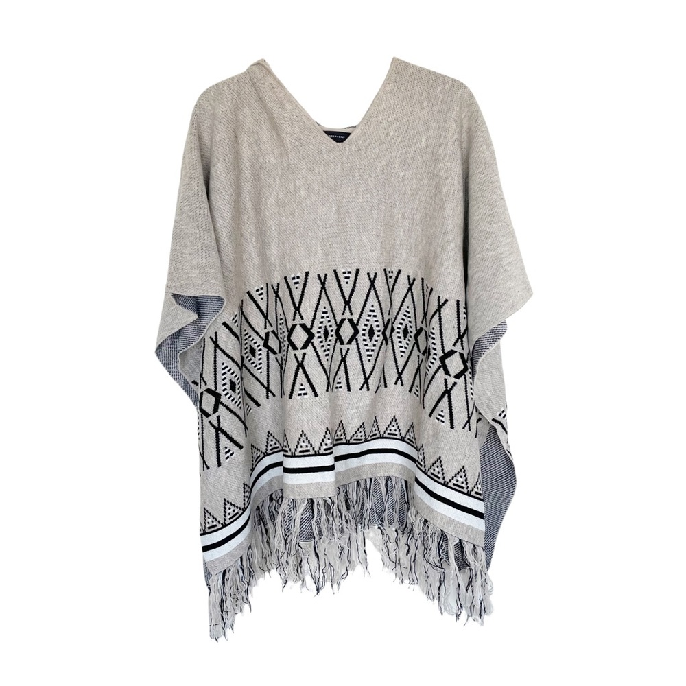 Atmosphere Hooded Poncho Tribal Print Fringe Hem